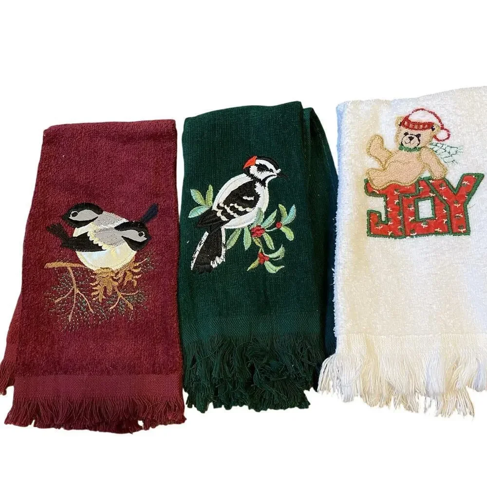 Lot Of 3 Holidays Christmas Hands/Dish Towels Birds Bear Embroidered Size Small